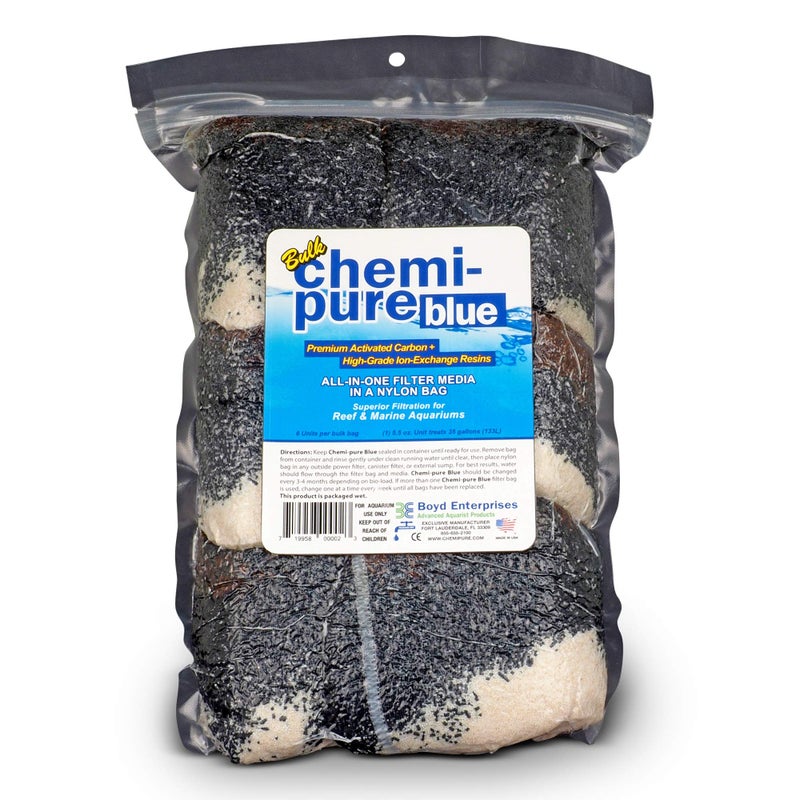 Boyd Chemiâ€‘Pure Blue 5.5â€¯oz Bulk (6 Pack) Aquarium Filtration Media Premium Carbon + Ionâ€‘Exchange Resins in Nylon Bag Clears Toxins, Phosphates & Metals